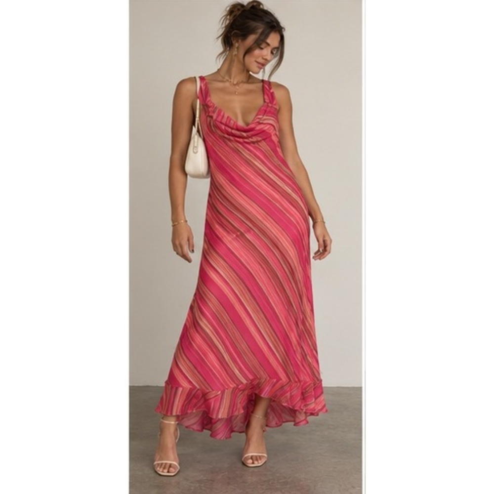 Y2K Striped Cowl Neck Ruffle High Low Midi Dress Size 12